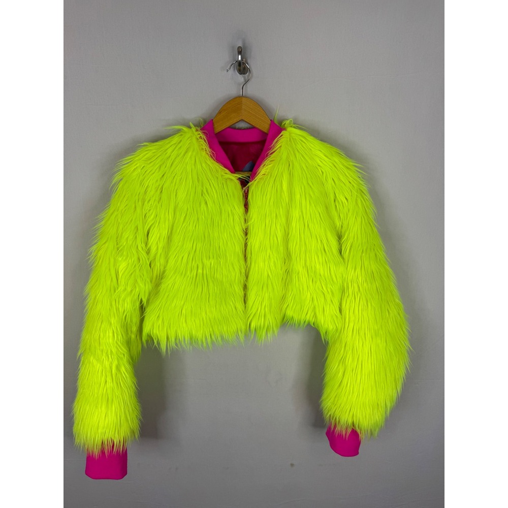 Kameron Michaels Neon Yellow Shaggy Faux Fur Cropped Jacket Hot Pink Trim OS